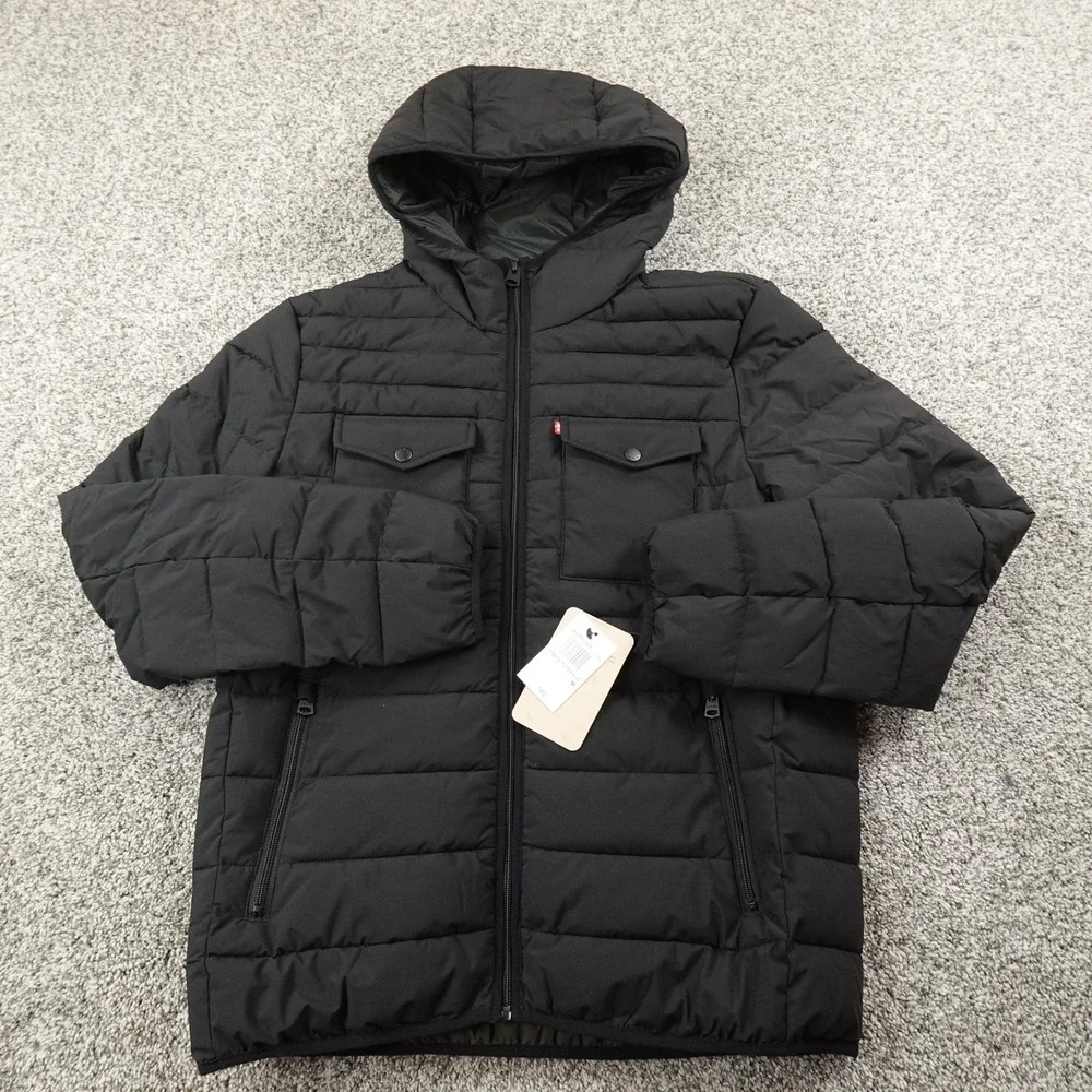NEW Levis Jacket Mens M Black Insulated Hooded Full Zip Puffer Coat Quilted Work